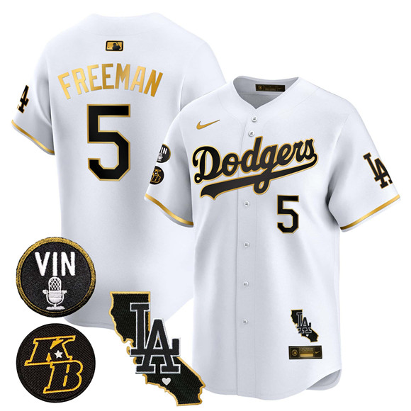 Men's Los Angeles Dodgers #5 Freddie Freeman White Gold 2025 Vin & Kobe Patch Vapor Limited V2 Stitched Baseball Jersey Men's Los Angeles Dodgers #5 Freddie Freeman White Gold 2025 Vin & Kobe Patch Vapor Limited V2 Stitched Baseball Jersey